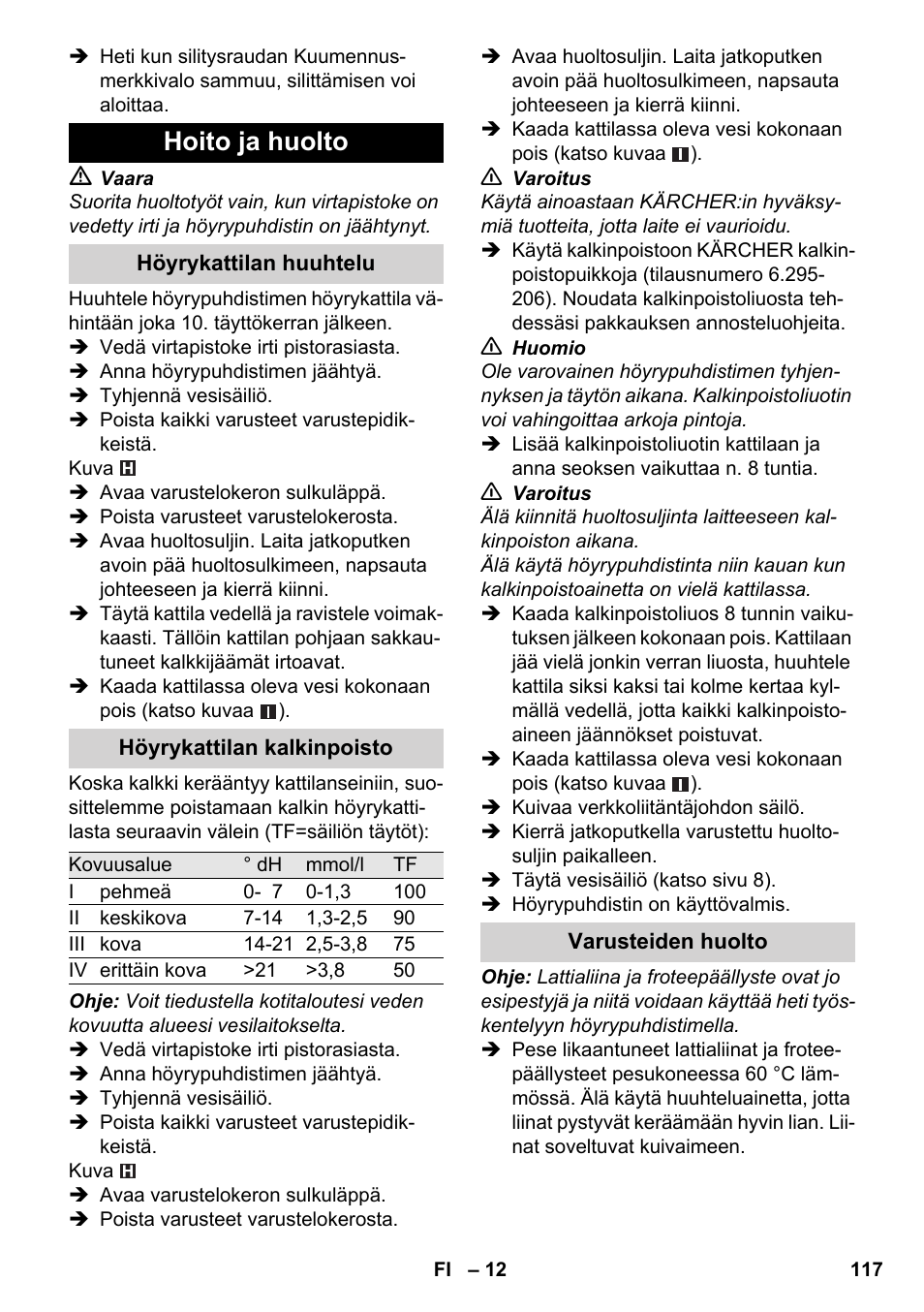 Hoito ja huolto | Karcher SC 4-100 CB User Manual | Page 117 / 314