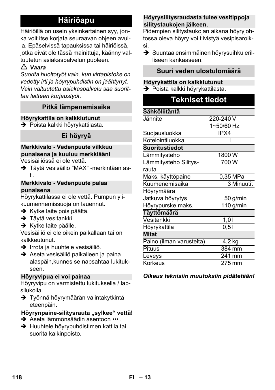 Häiriöapu, Tekniset tiedot | Karcher SC 4-100 CB User Manual | Page 118 / 314