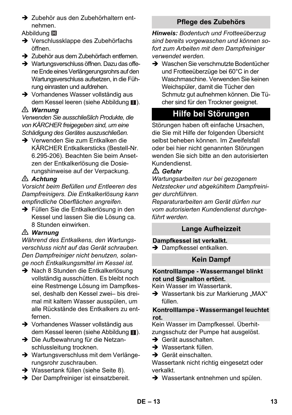 Hilfe bei störungen | Karcher SC 4-100 CB User Manual | Page 13 / 314
