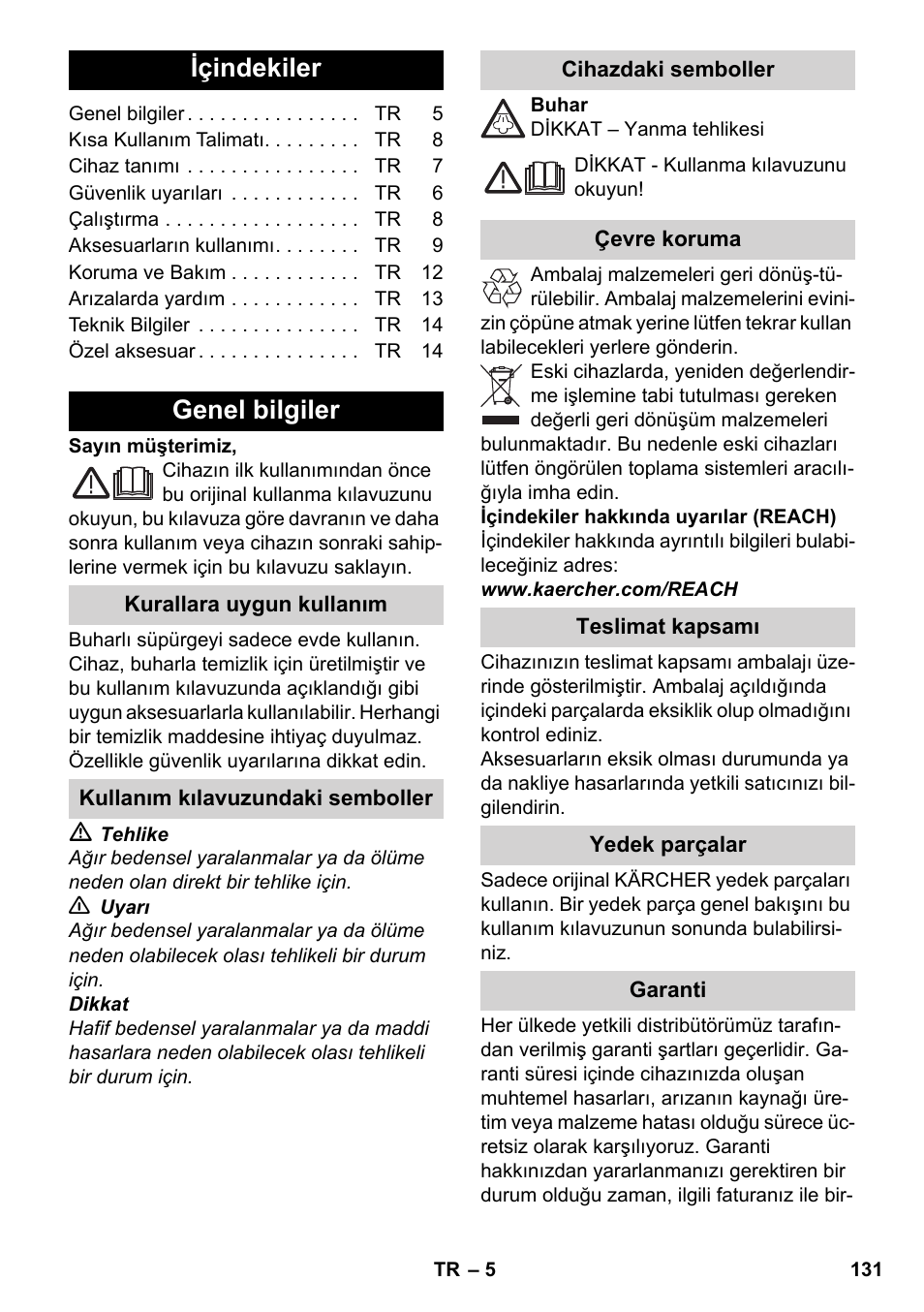 Türkçe, Içindekiler, Genel bilgiler | Karcher SC 4-100 CB User Manual | Page 131 / 314