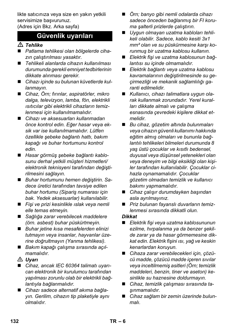 Güvenlik uyarıları | Karcher SC 4-100 CB User Manual | Page 132 / 314