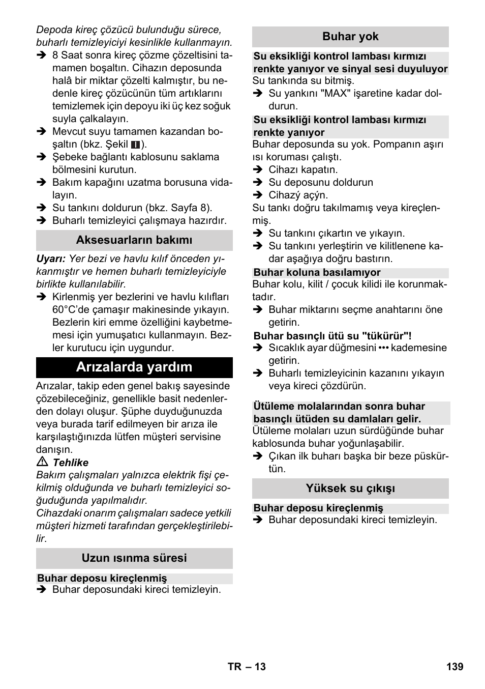 Arızalarda yardım | Karcher SC 4-100 CB User Manual | Page 139 / 314