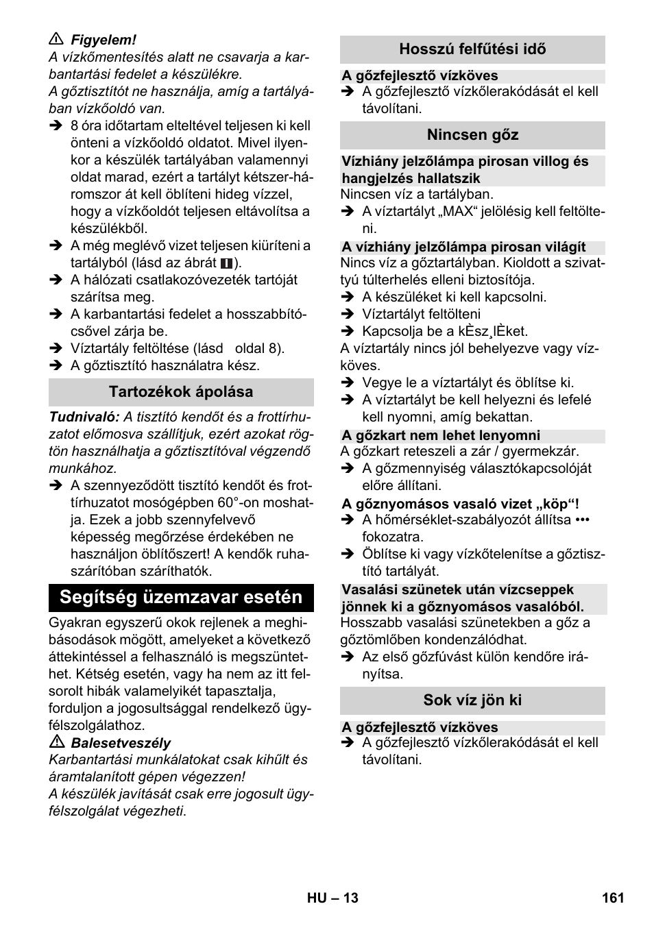 Segítség üzemzavar esetén | Karcher SC 4-100 CB User Manual | Page 161 / 314