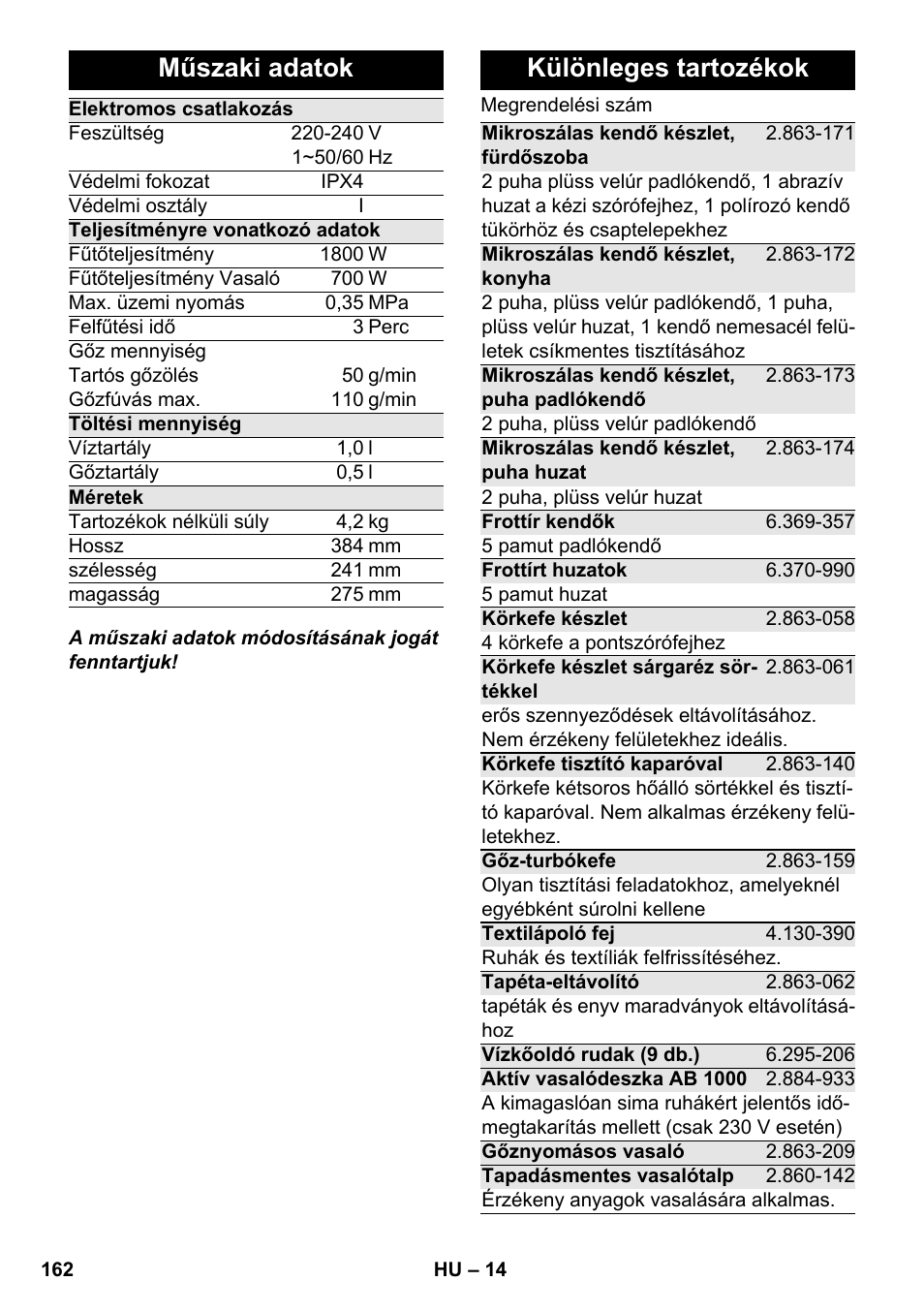 Műszaki adatok, Különleges tartozékok | Karcher SC 4-100 CB User Manual | Page 162 / 314