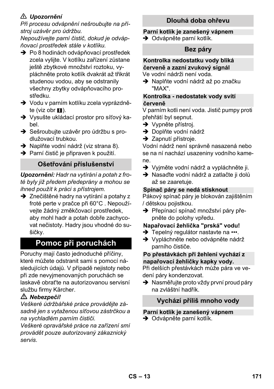 Pomoc při poruchách | Karcher SC 4-100 CB User Manual | Page 171 / 314