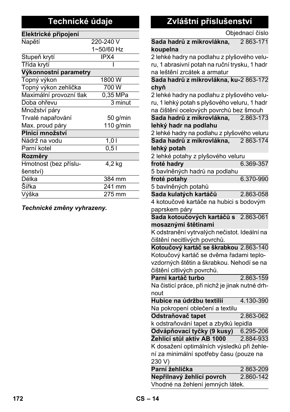 Technické údaje, Zvláštní příslušenství | Karcher SC 4-100 CB User Manual | Page 172 / 314