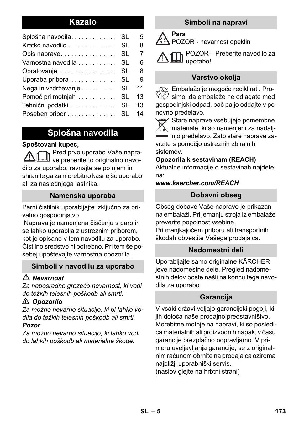 Slovenščina, Kazalo, Splošna navodila | Karcher SC 4-100 CB User Manual | Page 173 / 314