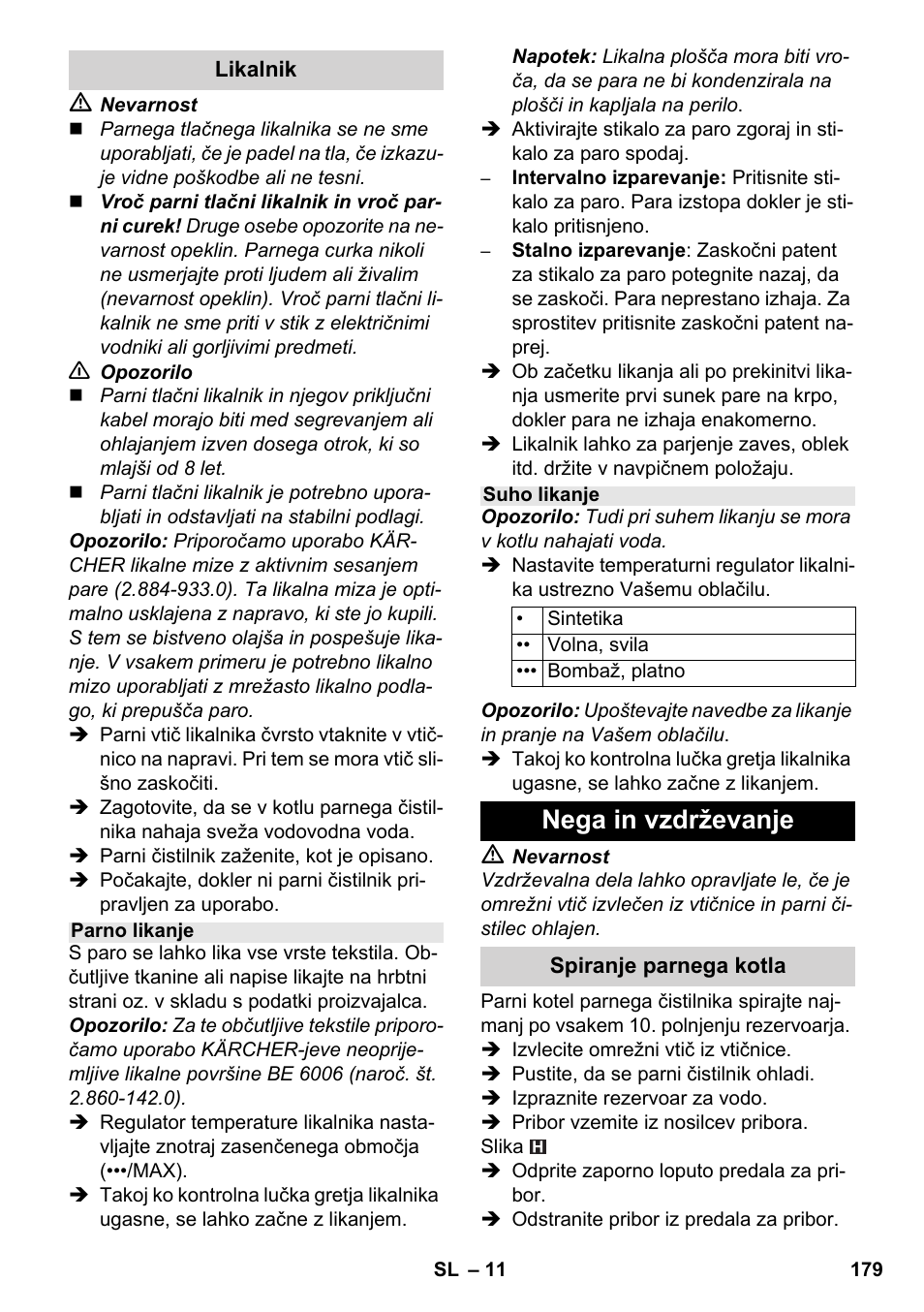 Nega in vzdrževanje | Karcher SC 4-100 CB User Manual | Page 179 / 314