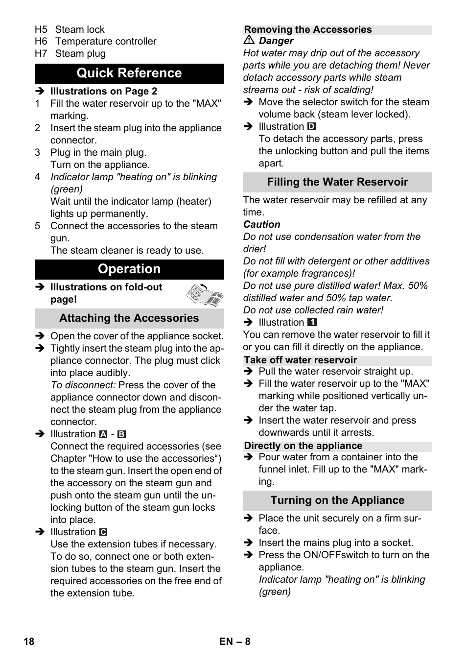 Quick reference operation | Karcher SC 4-100 CB User Manual | Page 18 / 314