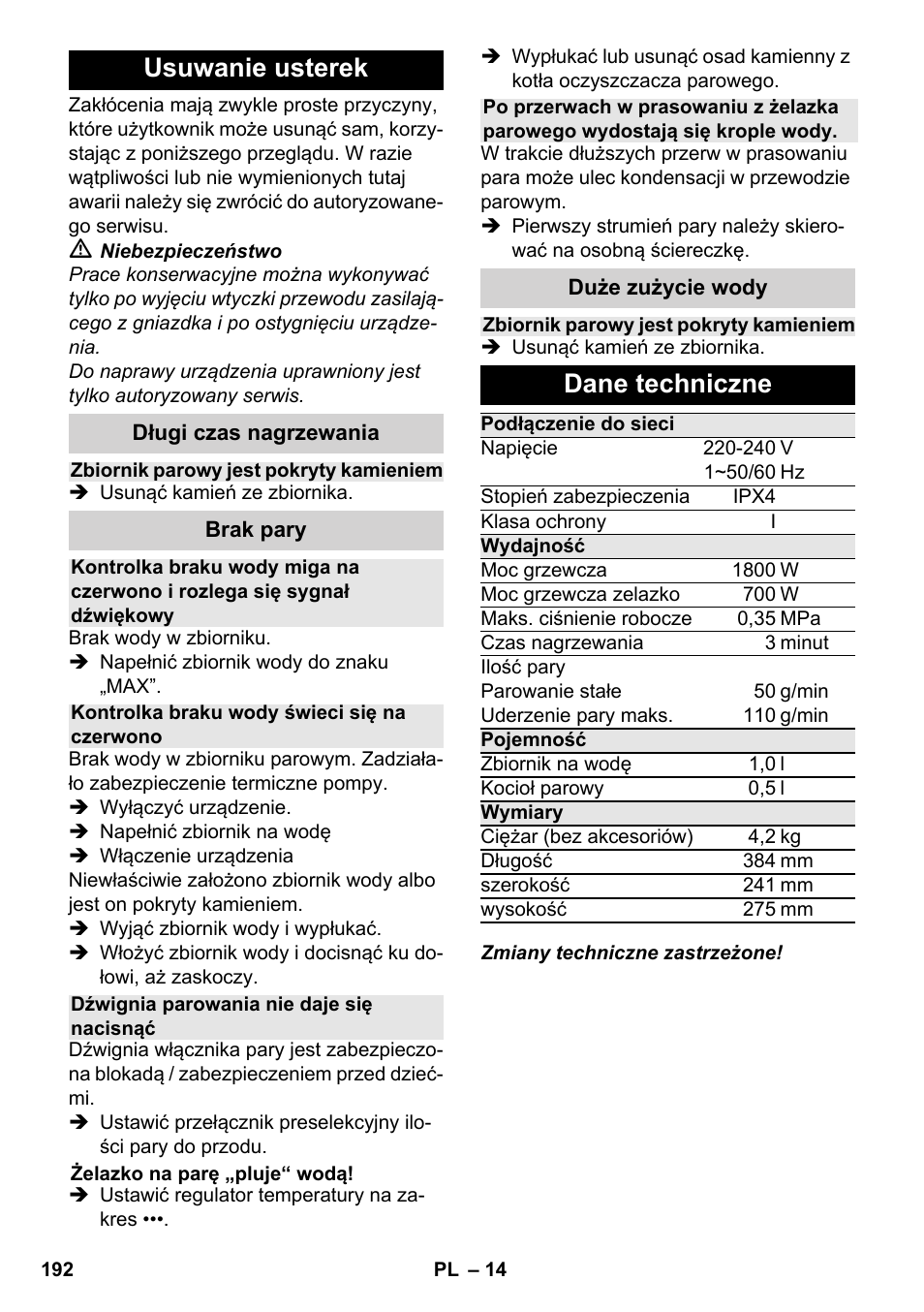 Usuwanie usterek, Dane techniczne | Karcher SC 4-100 CB User Manual | Page 192 / 314
