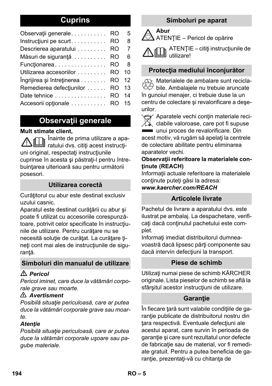 Româneşte, Cuprins, Observaţii generale | Karcher SC 4-100 CB User Manual | Page 194 / 314