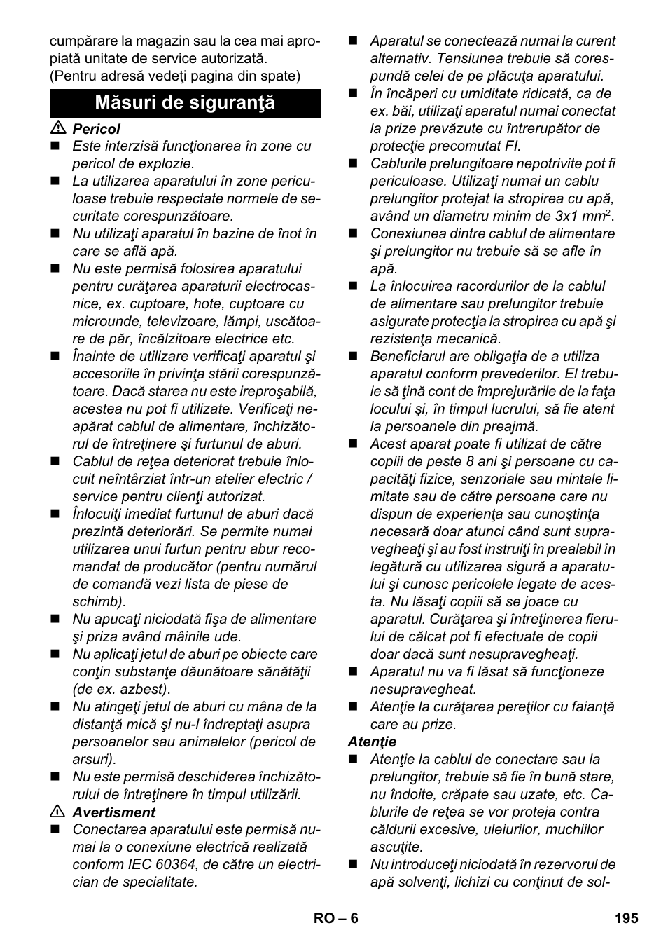 Măsuri de siguranţă | Karcher SC 4-100 CB User Manual | Page 195 / 314