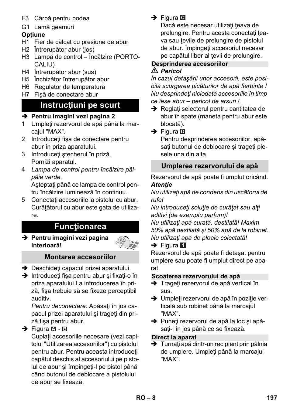 Instrucţiuni pe scurt funcţionarea | Karcher SC 4-100 CB User Manual | Page 197 / 314