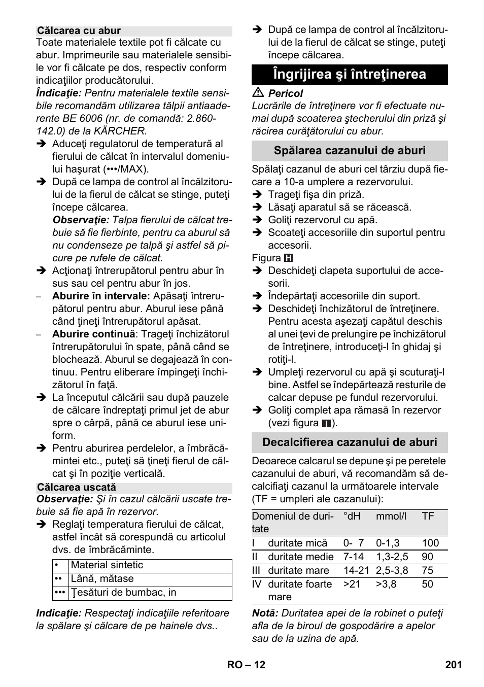 Îngrijirea şi întreţinerea | Karcher SC 4-100 CB User Manual | Page 201 / 314