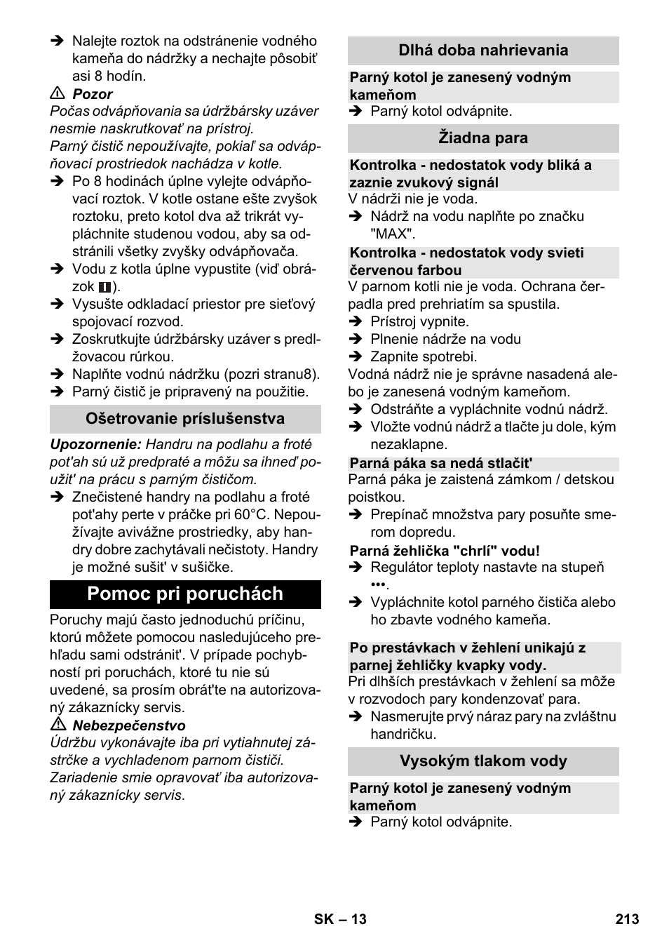 Pomoc pri poruchách | Karcher SC 4-100 CB User Manual | Page 213 / 314