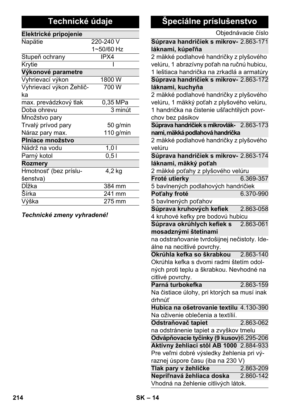 Technické údaje, Špeciálne príslušenstvo | Karcher SC 4-100 CB User Manual | Page 214 / 314