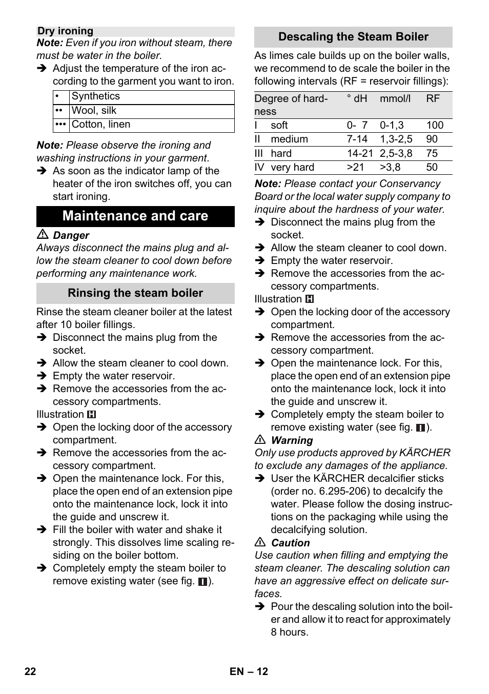 Maintenance and care | Karcher SC 4-100 CB User Manual | Page 22 / 314