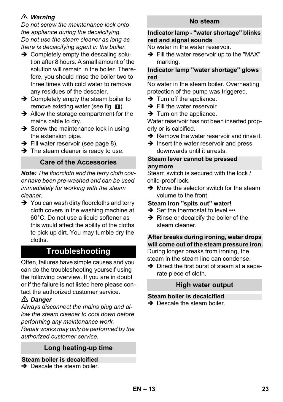 Troubleshooting | Karcher SC 4-100 CB User Manual | Page 23 / 314