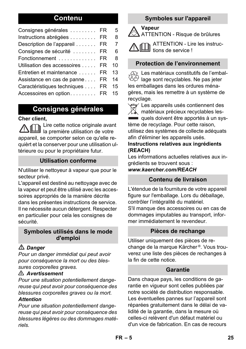 Français, Contenu, Consignes générales | Karcher SC 4-100 CB User Manual | Page 25 / 314
