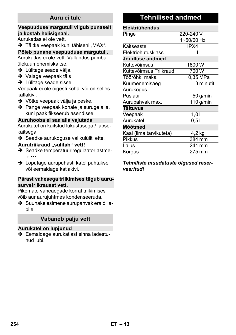Tehnilised andmed | Karcher SC 4-100 CB User Manual | Page 254 / 314