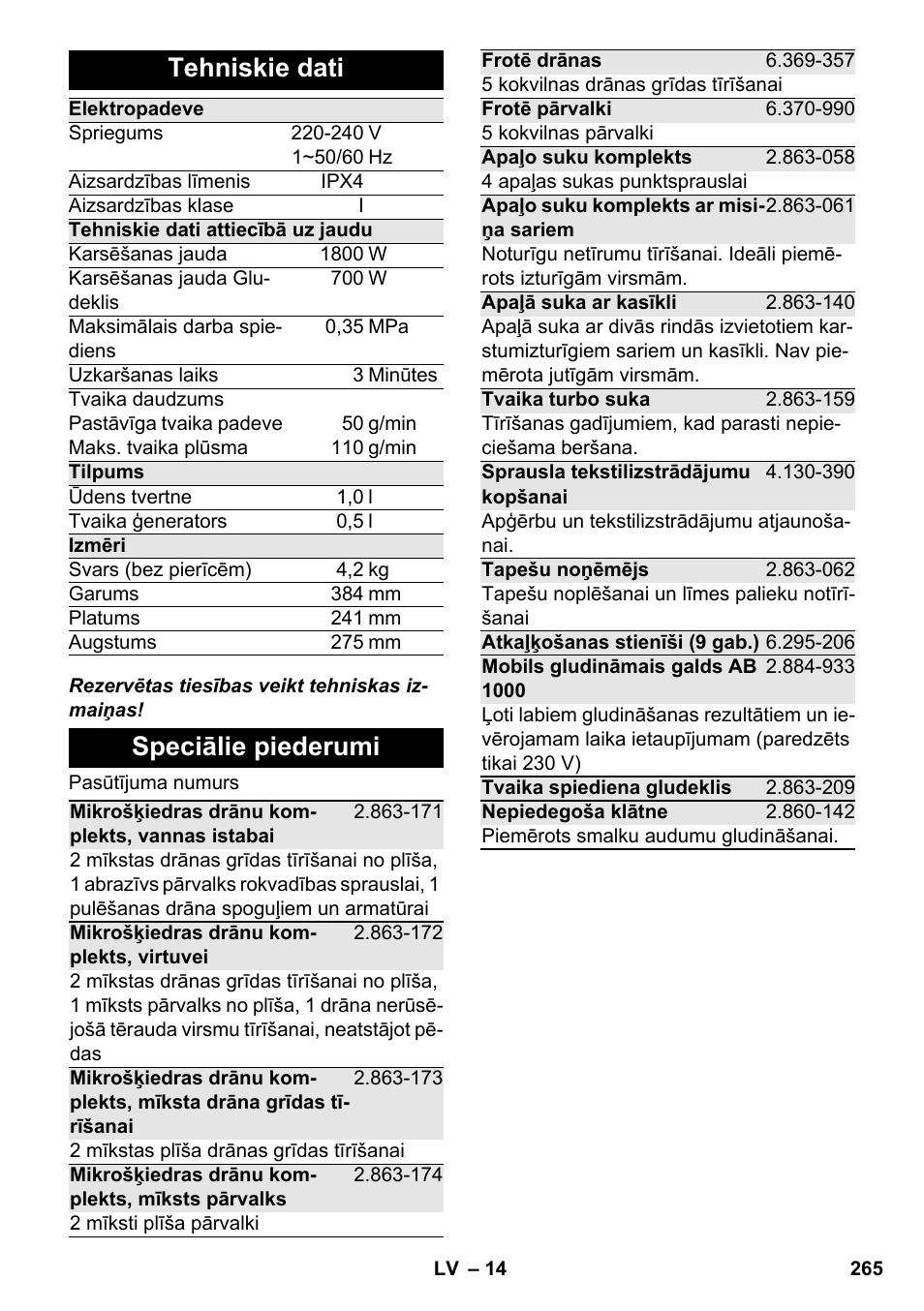 Tehniskie dati, Speciālie piederumi | Karcher SC 4-100 CB User Manual | Page 265 / 314