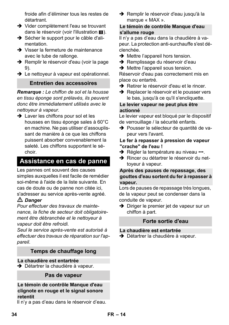 Assistance en cas de panne | Karcher SC 4-100 CB User Manual | Page 34 / 314