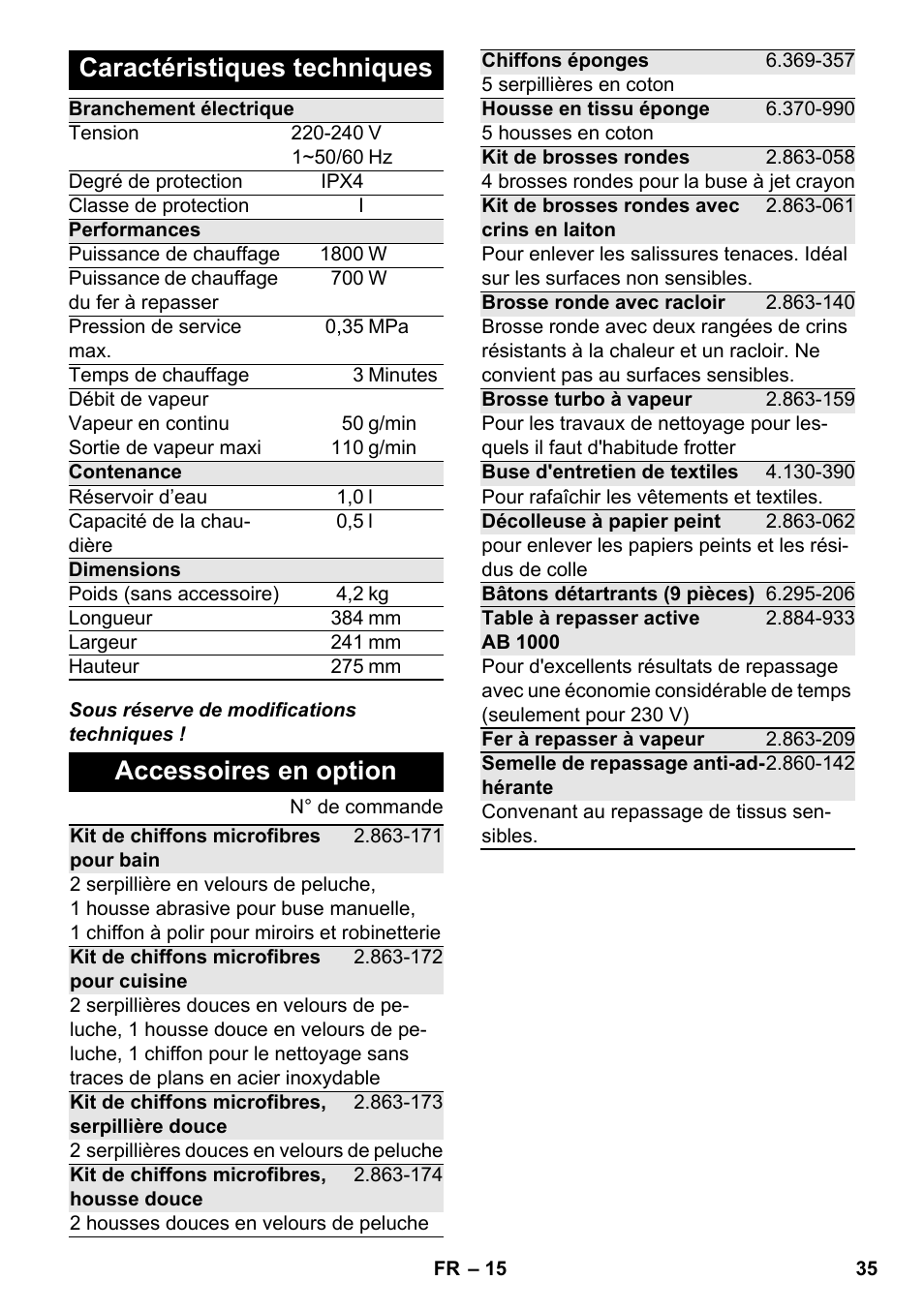 Caractéristiques techniques, Accessoires en option | Karcher SC 4-100 CB User Manual | Page 35 / 314