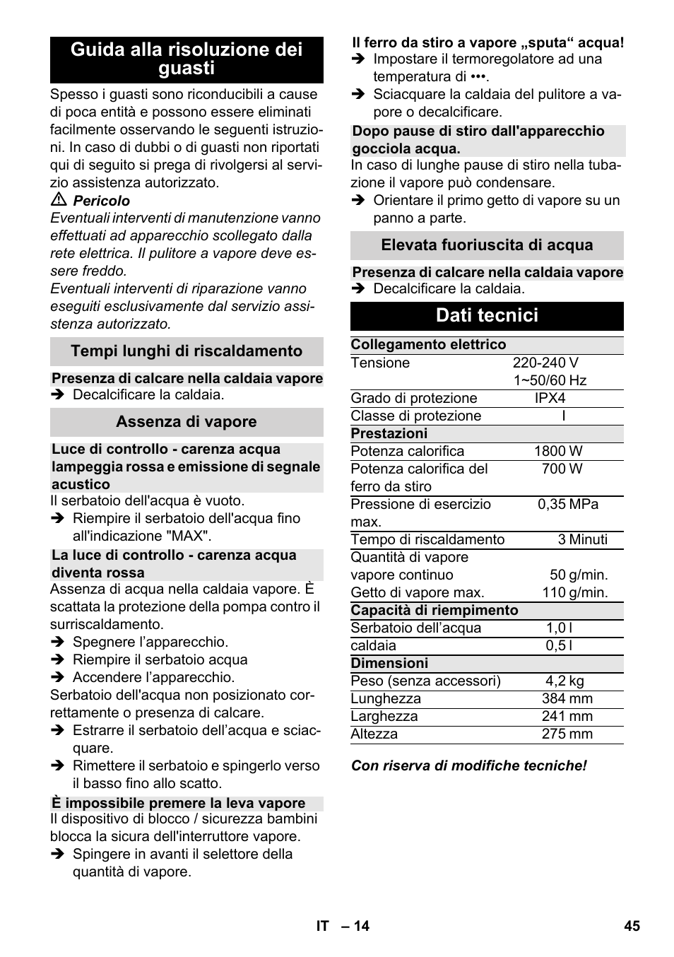 Guida alla risoluzione dei guasti, Dati tecnici | Karcher SC 4-100 CB User Manual | Page 45 / 314