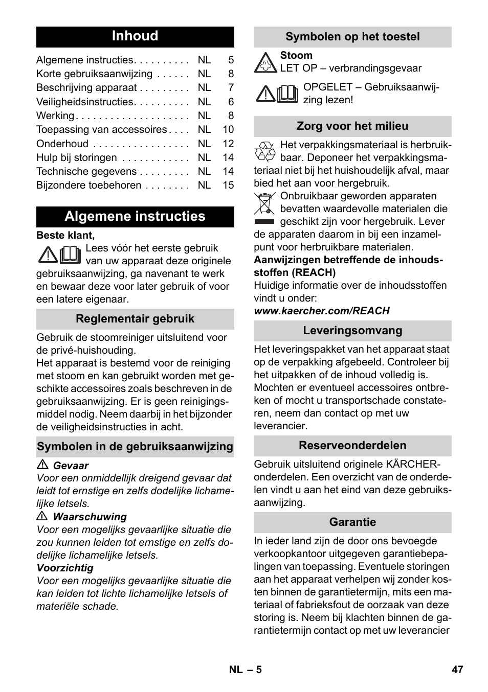 Nederlands, Inhoud, Algemene instructies | Karcher SC 4-100 CB User Manual | Page 47 / 314