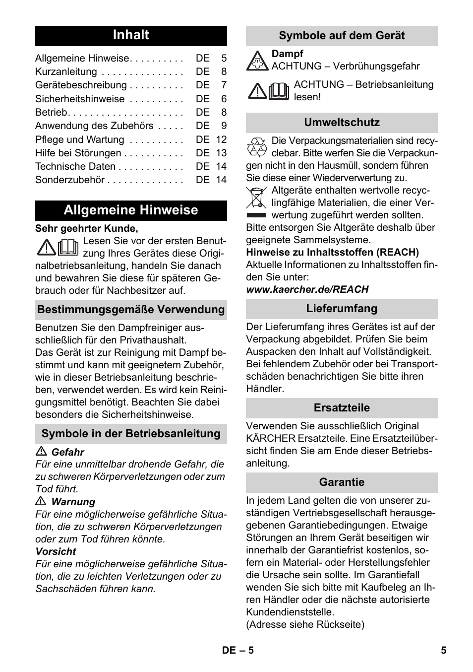 Deutsch, Inhalt, Allgemeine hinweise | Karcher SC 4-100 CB User Manual | Page 5 / 314