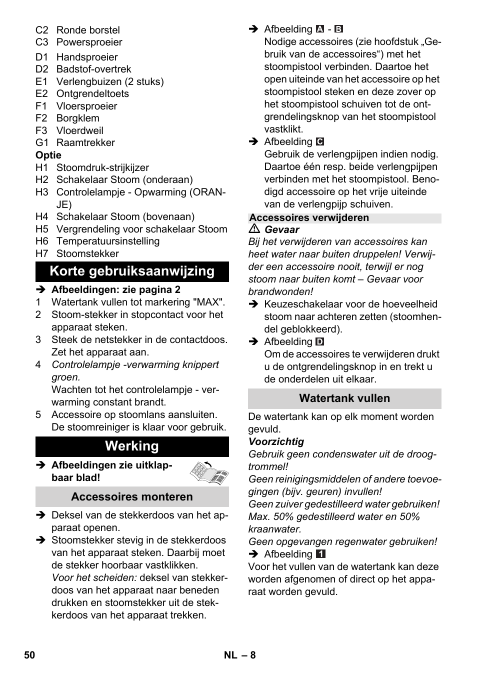 Korte gebruiksaanwijzing werking | Karcher SC 4-100 CB User Manual | Page 50 / 314