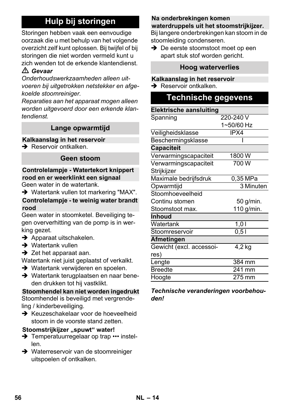 Hulp bij storingen, Technische gegevens | Karcher SC 4-100 CB User Manual | Page 56 / 314