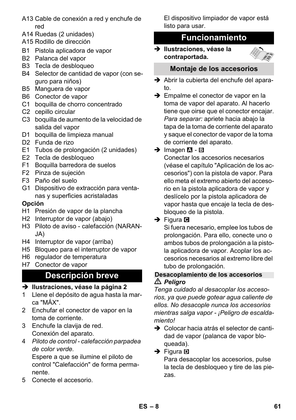Descripción breve funcionamiento | Karcher SC 4-100 CB User Manual | Page 61 / 314