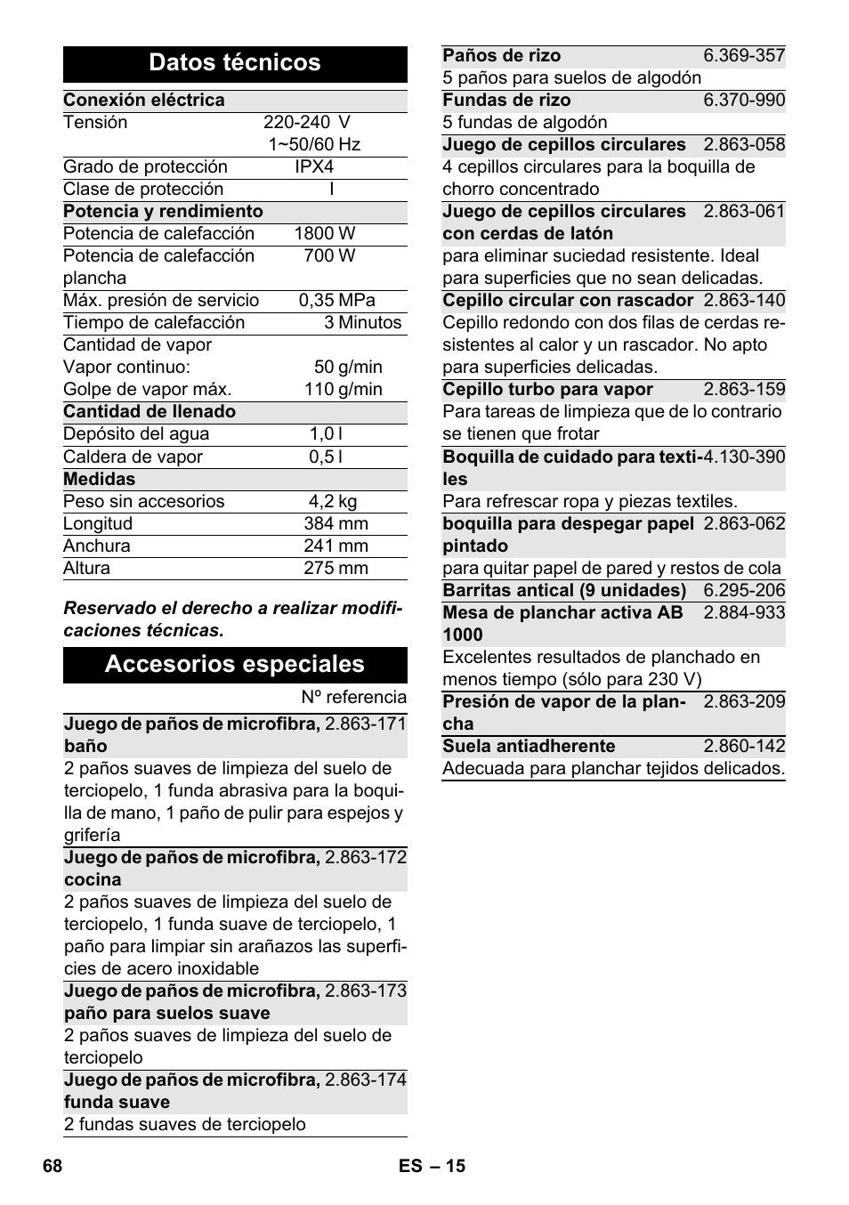 Datos técnicos, Accesorios especiales | Karcher SC 4-100 CB User Manual | Page 68 / 314