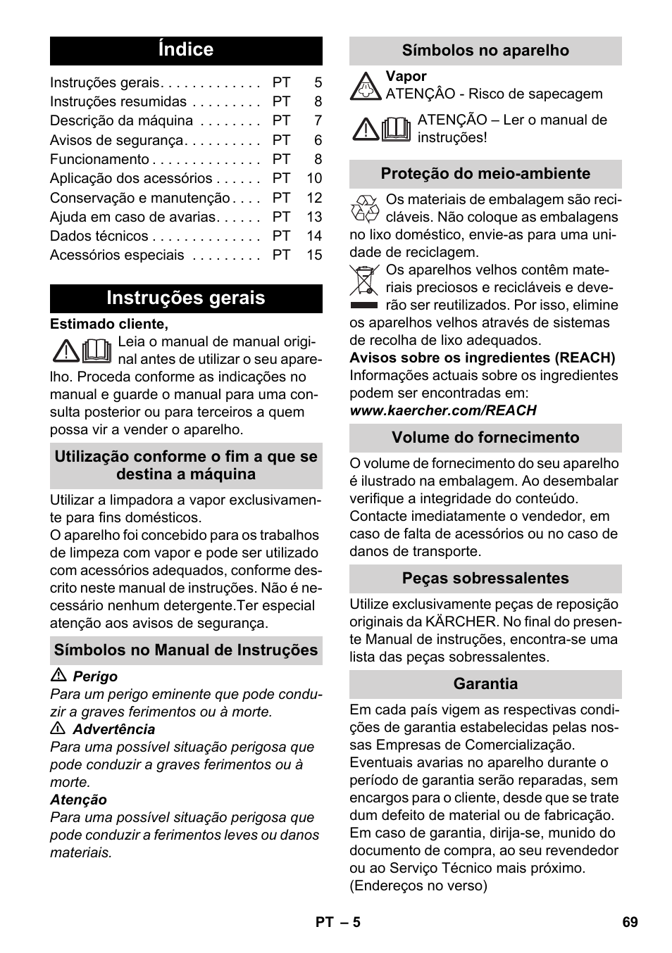 Português, Índice, Instruções gerais | Karcher SC 4-100 CB User Manual | Page 69 / 314