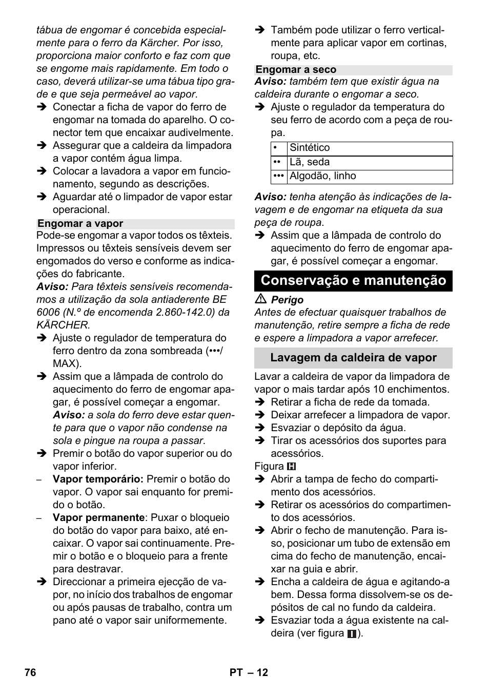 Conservação e manutenção | Karcher SC 4-100 CB User Manual | Page 76 / 314