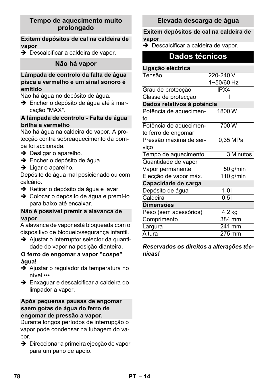 Dados técnicos | Karcher SC 4-100 CB User Manual | Page 78 / 314