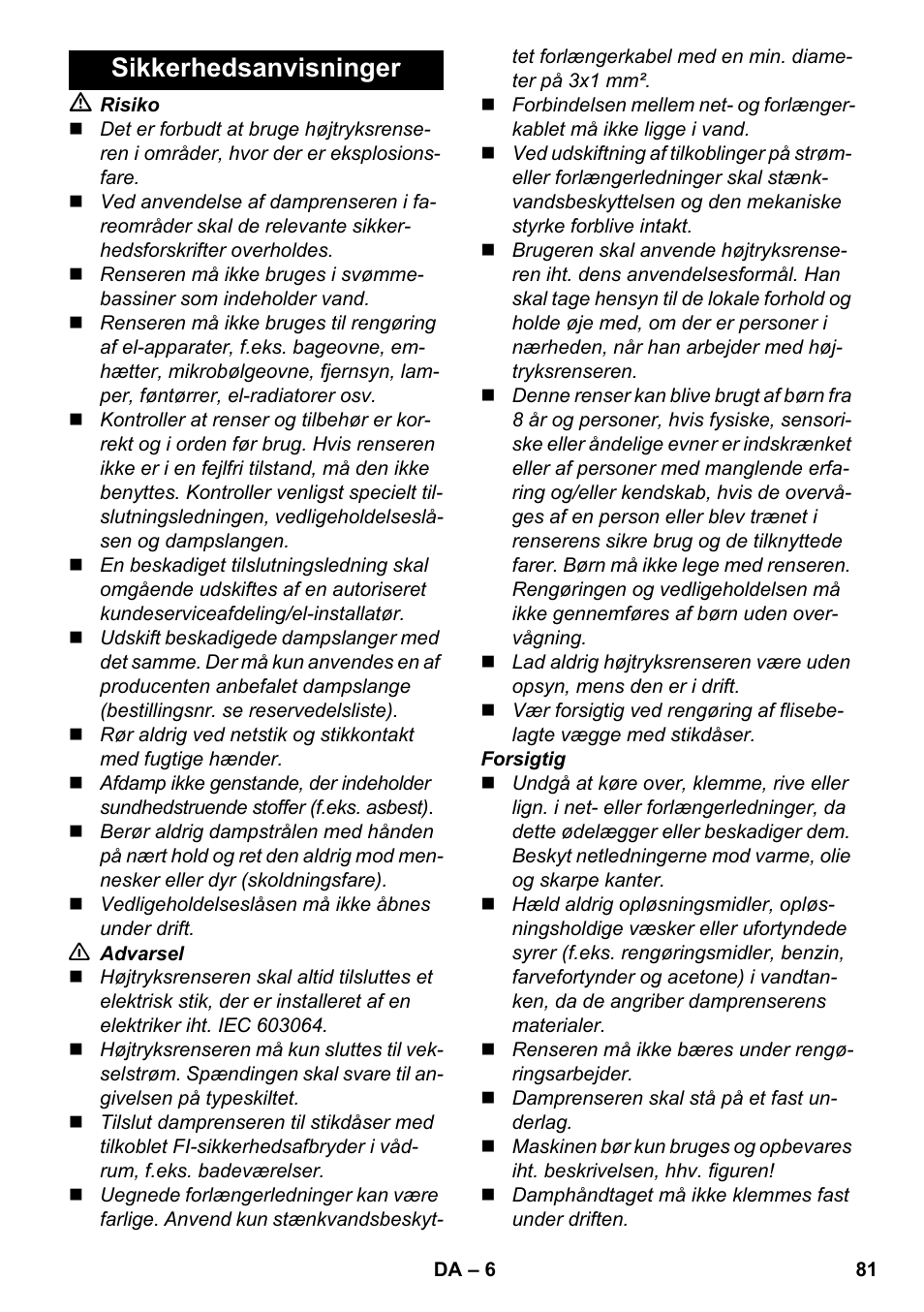 Sikkerhedsanvisninger | Karcher SC 4-100 CB User Manual | Page 81 / 314