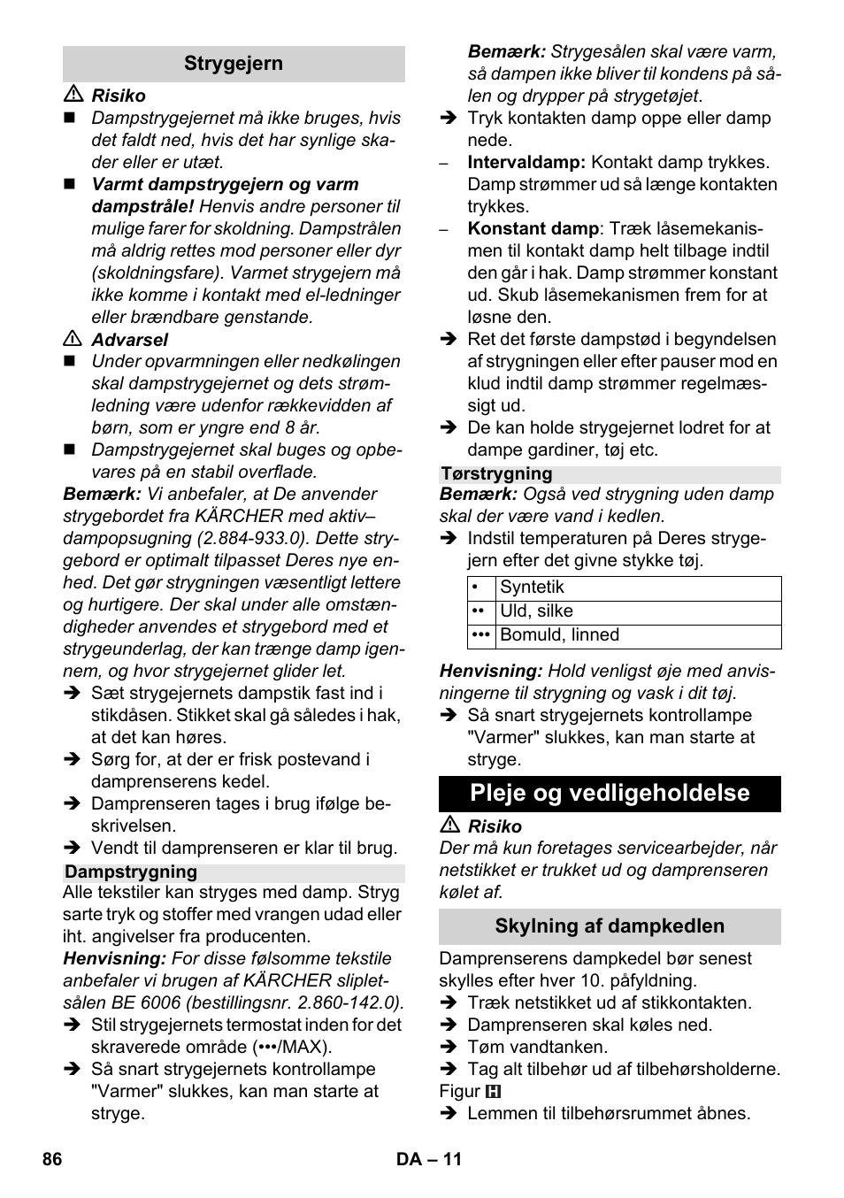 Pleje og vedligeholdelse | Karcher SC 4-100 CB User Manual | Page 86 / 314