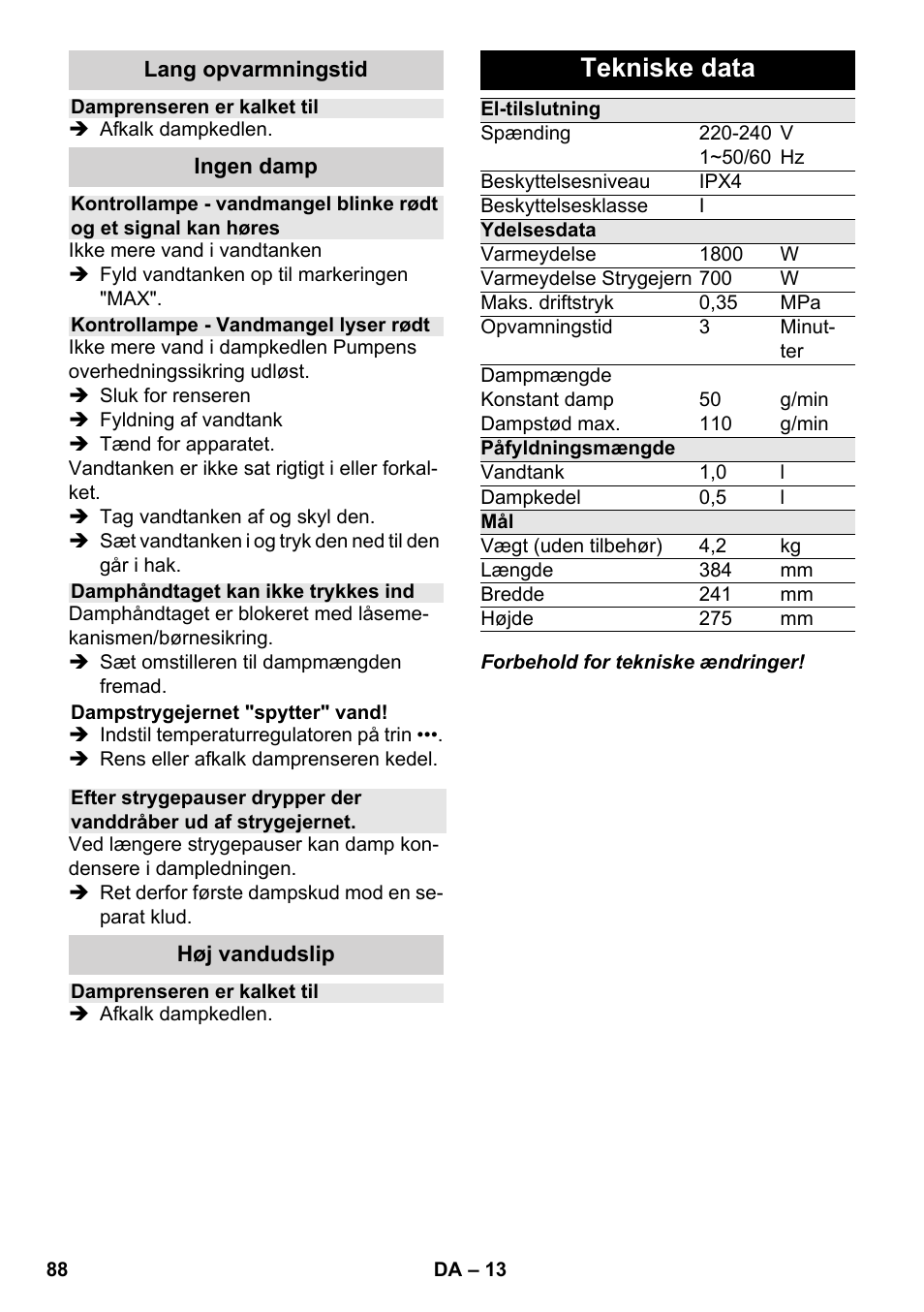 Tekniske data | Karcher SC 4-100 CB User Manual | Page 88 / 314