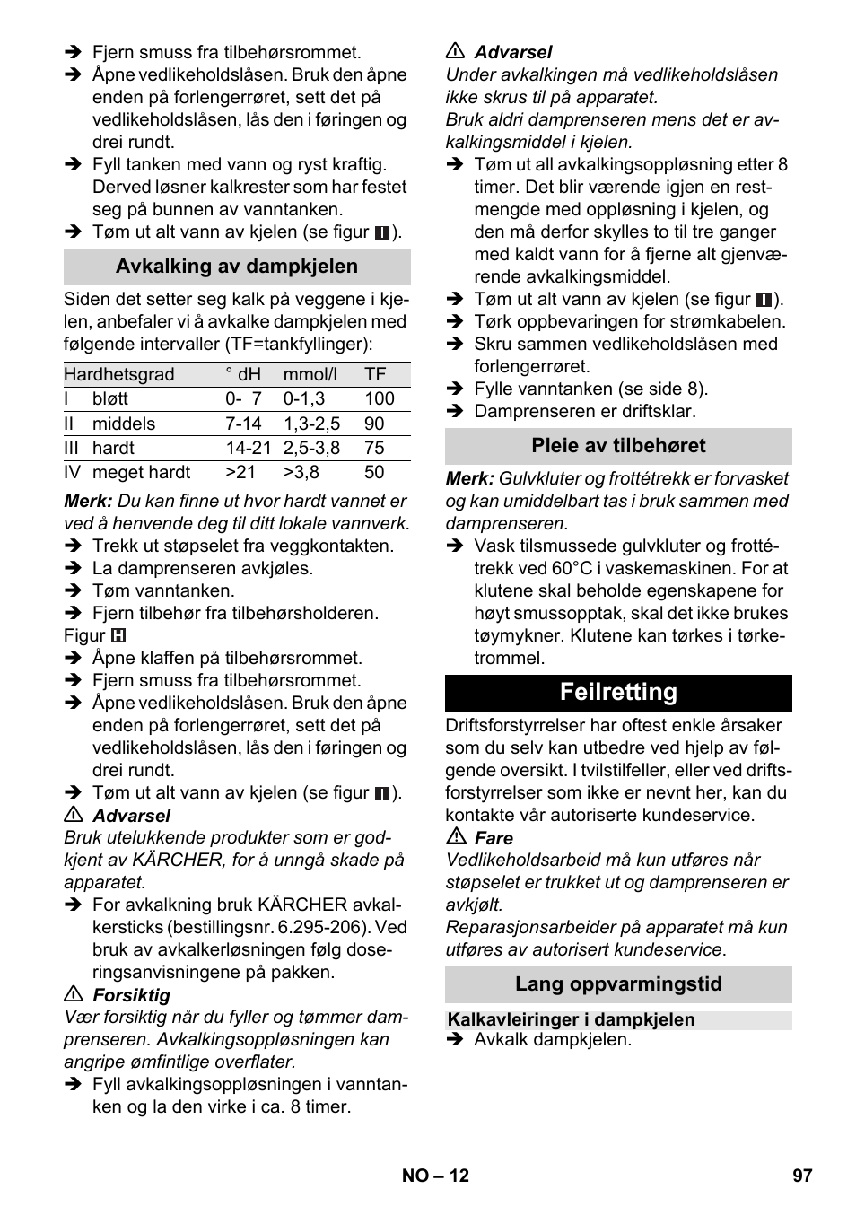 Feilretting | Karcher SC 4-100 CB User Manual | Page 97 / 314