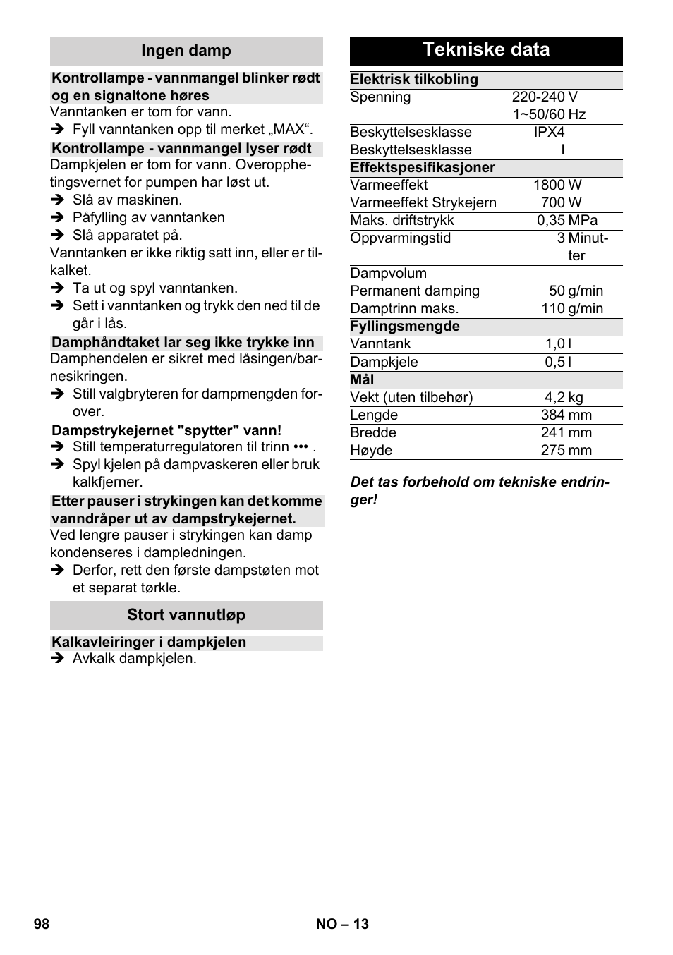 Tekniske data | Karcher SC 4-100 CB User Manual | Page 98 / 314