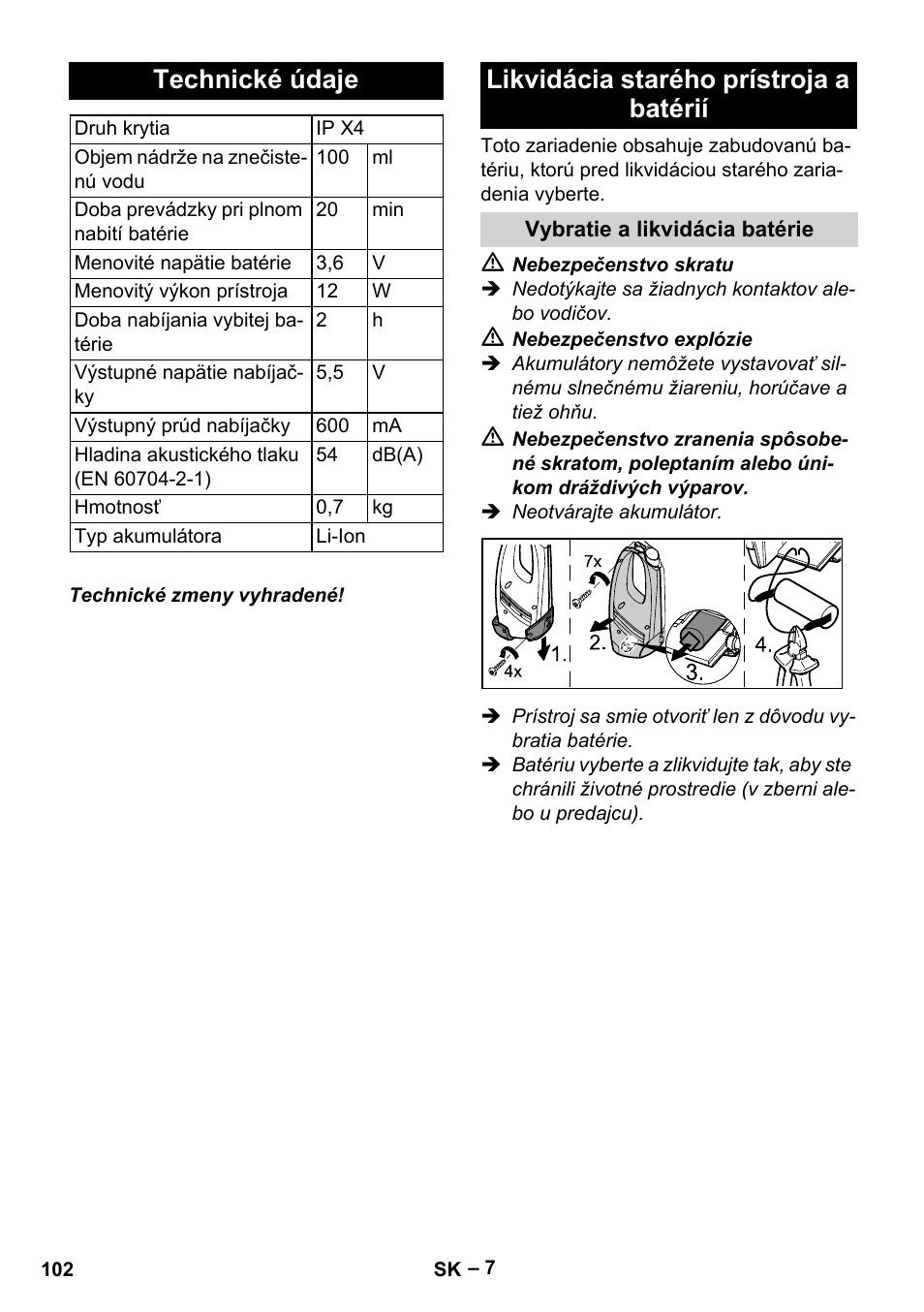 Technické údaje, Likvidácia starého prístroja a batérií | Karcher WV 60 Plus User Manual | Page 102 / 144