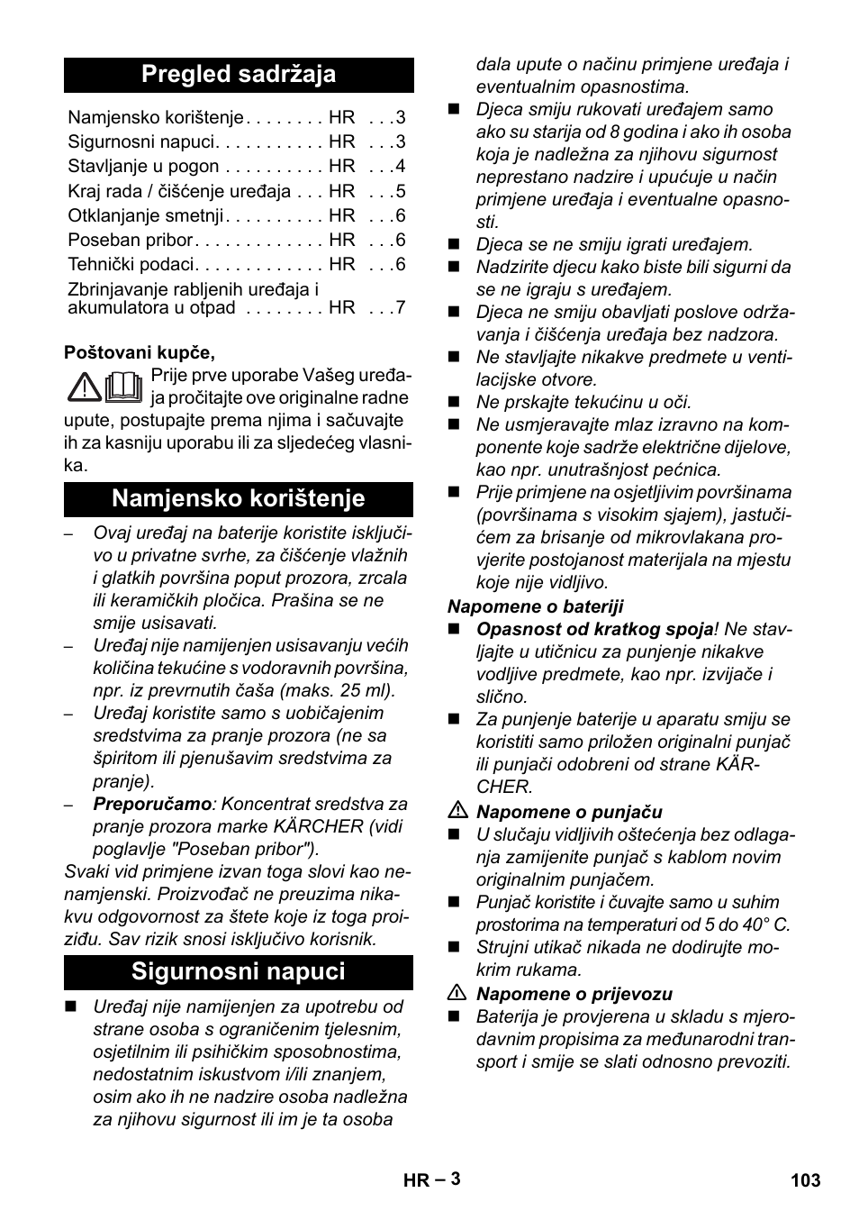 Hrvatski, Pregled sadržaja, Namjensko korištenje sigurnosni napuci | Karcher WV 60 Plus User Manual | Page 103 / 144