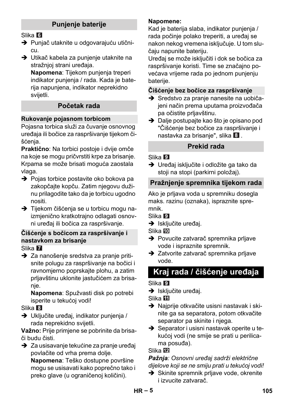 Kraj rada / čišćenje uređaja | Karcher WV 60 Plus User Manual | Page 105 / 144