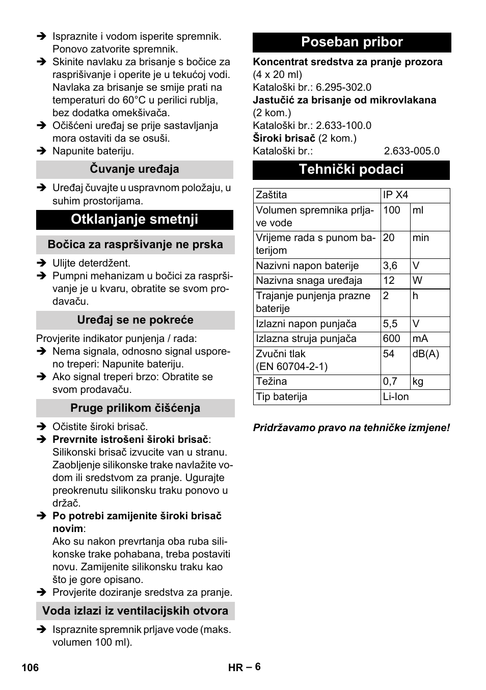 Otklanjanje smetnji, Poseban pribor tehnički podaci | Karcher WV 60 Plus User Manual | Page 106 / 144