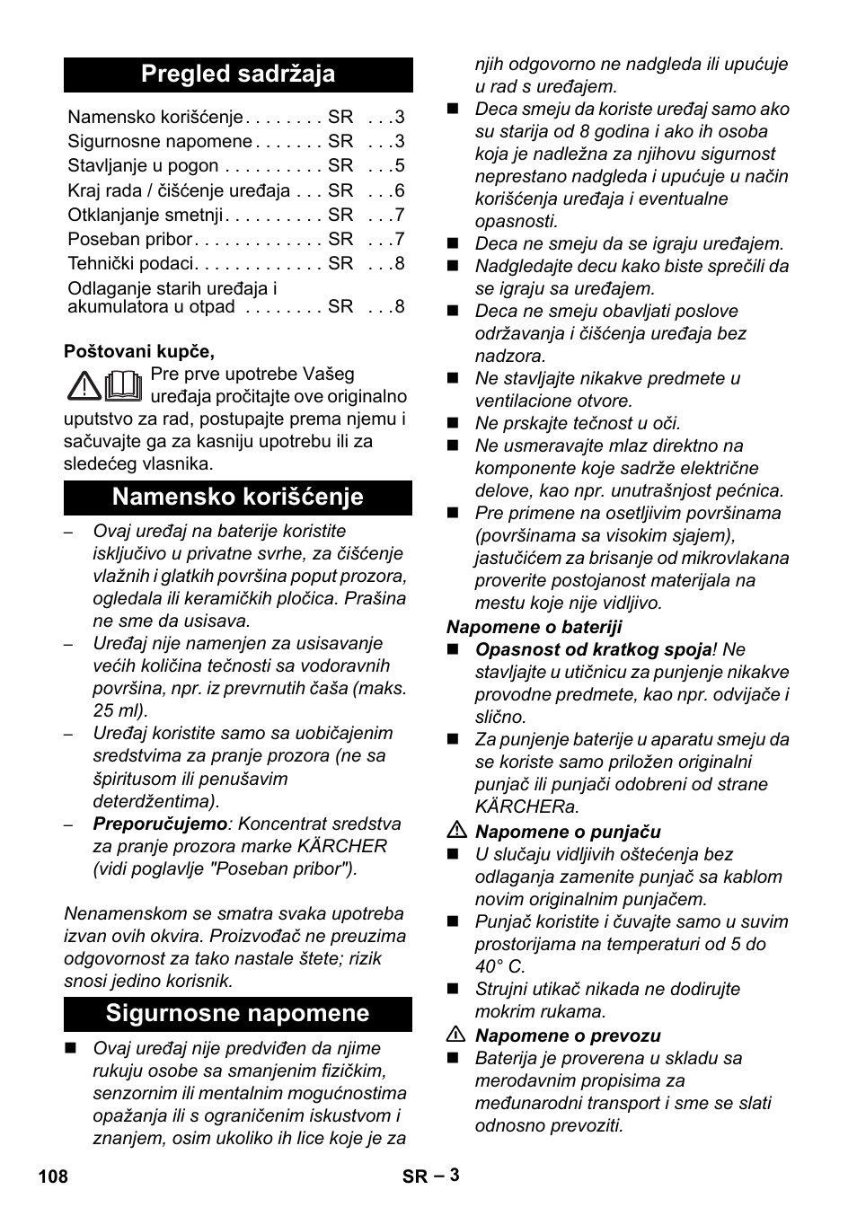 Srpski, Pregled sadržaja, Namensko korišćenje sigurnosne napomene | Karcher WV 60 Plus User Manual | Page 108 / 144