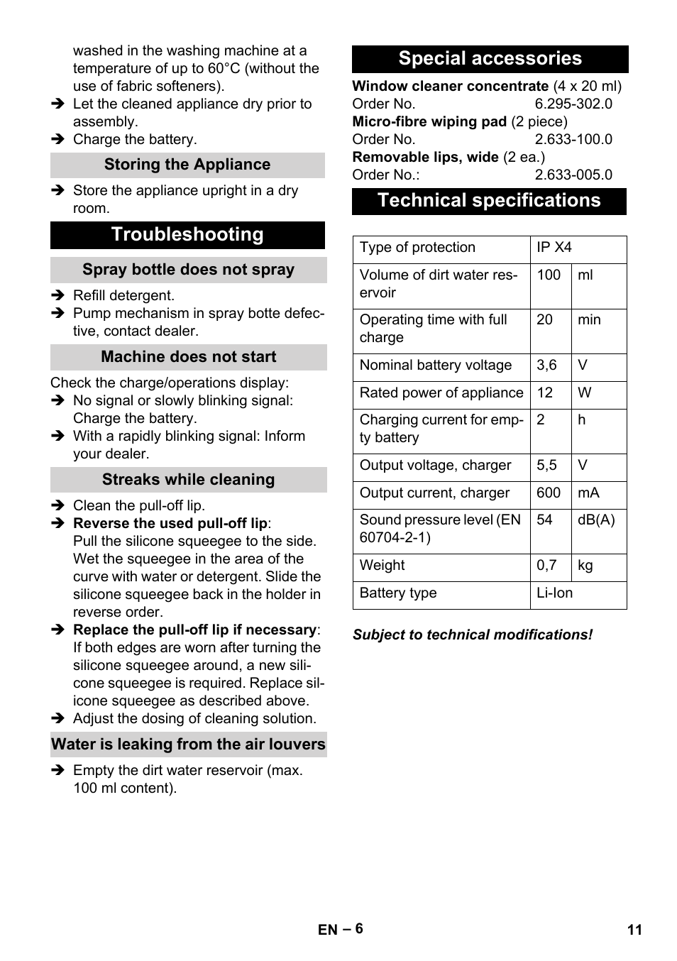 Troubleshooting, Special accessories technical specifications | Karcher WV 60 Plus User Manual | Page 11 / 144