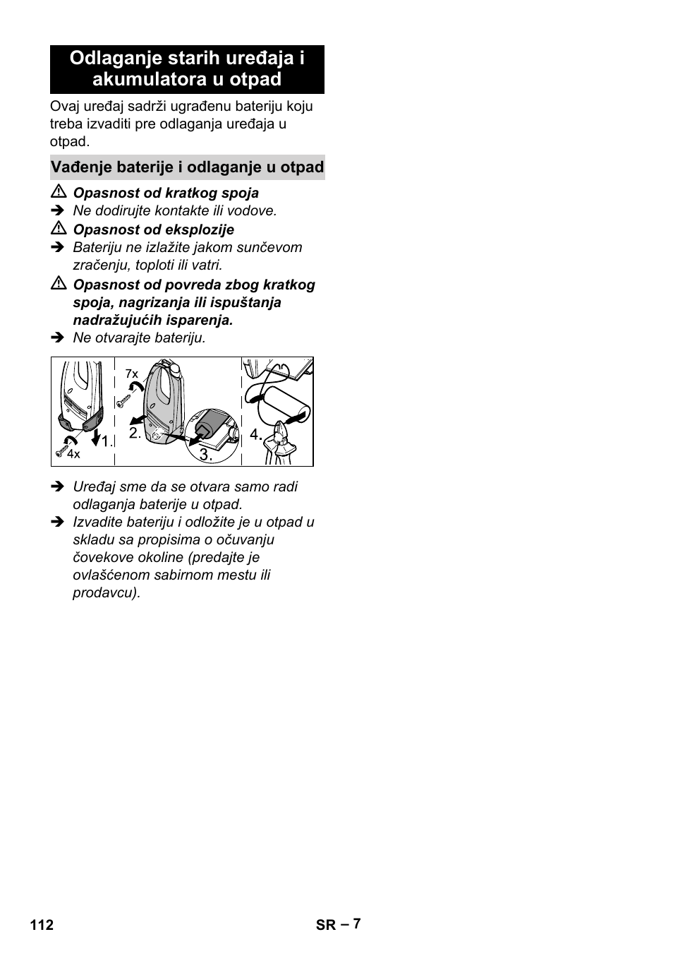 Odlaganje starih uređaja i akumulatora u otpad | Karcher WV 60 Plus User Manual | Page 112 / 144