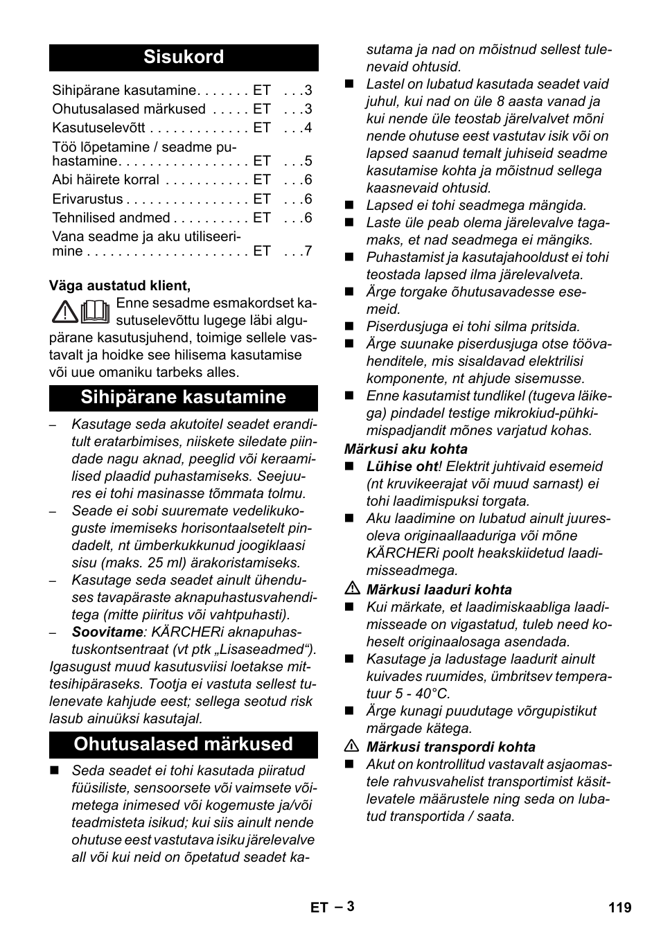 Eesti, Sisukord, Sihipärane kasutamine ohutusalased märkused | Karcher WV 60 Plus User Manual | Page 119 / 144